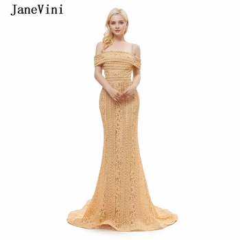 JaneVini Елегантни Дубай жълто злато дълги абитуриентски рокли от рамо 2020 Луксозни перли от мъниста без ръкави дантела русалка абитуриентски рокли