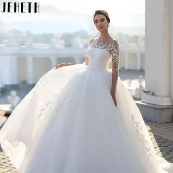 JEHETH Елегантни дантелени сватбени рокли с о-образно деколте Романтични A-Line булчински рокли Дълги ръкави Апликации Vestidos de Novia 2024