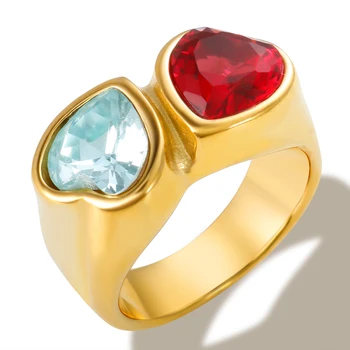 JINHUI Двуцветен сърцевиден цирконов пръстен с пръст стомана титанов галванопластика 18 k златен цвят пръстен модни бижута за жени