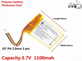 JST PH 2.0mm 3 пинов добър Qulity 3.7V, 1100mAH, 703450 Полимерна литиево-йонна / литиево-йонна батерия за TOY, POWER BANK, GPS, mp3, mp4