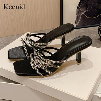 Kcenid Нова мода кристал кристал ключалката дамски обувки чехли квадратни пръсти слайдове летни сандали тънки токчета джапанки