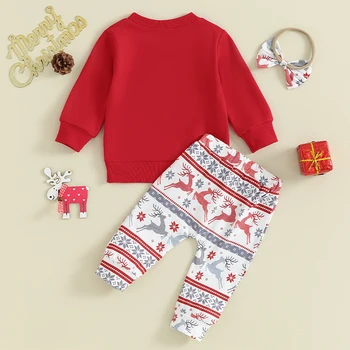 Kupretty новородено бебе момиче Коледа облекло дълъг ръкав Santa Crewneck суитчър панталони лента за глава комплекти малко дете зимни дрехи