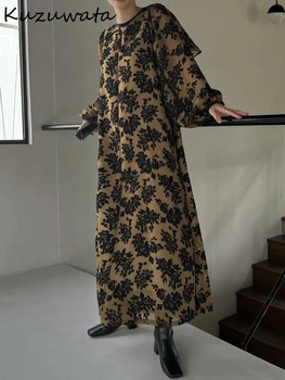 Kuzuwata O врата дълъг ръкав елегантни рокли A-line пуловер печат средна дължина случайни Vestidos Япония Moda участък талията Femme роба