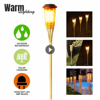 LED пламък лампа за косене на трева бамбукови слънчеви градински светлини декорация за ограда къща пътека автоматична факелна светлина външно слънчево осветление