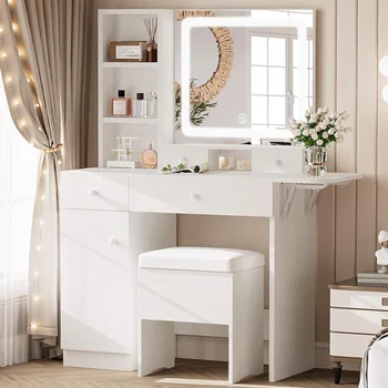 LIKIMIO Vanity Desk с чекмеджета & LED осветено огледало & Електрически контакт & Кабинет, Стол за съхранение, Стилен грим за спалня Ta