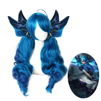 LoL Gwen Cosplay Wig Gradient Blue Green Curly Ponytails Synthetic Hair Heat Resistant Halloween Adult Women Role Play Anime