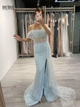 MYMB Синьо зашеметяващо рамо отвесни елече с обезкостяване принцеса момичета рокля вечерно облекло 2024 високо сплит русалка абитуриентски рокли