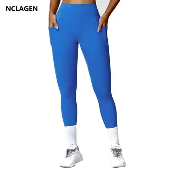 NCLAGEN йога панталони Дамски с 2 странични джоба с висока талия Хип повдигане Тесни спортни чорапогащи Бързо сушене Бягане фитнес гамаши