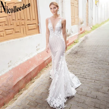Nicolle Bohe русалка сватбена рокля за жени V-образно деколте без гръб почистване влак дантела апликации Vestidos de novova за булки персонализирани