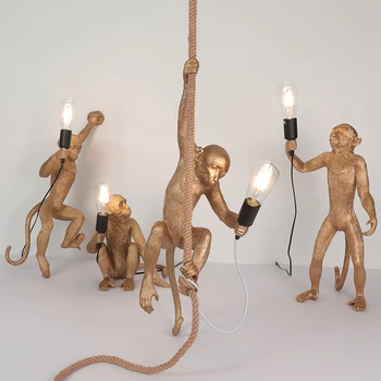 Nordic LED маймуна висулка светлини реколта коноп въже смола висулка лампи за хол спалня дома декор висящи осветителни тела