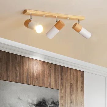Nordic дървени таван светлина единична глава три въртящи се прожектори за хол спалня трапезария гардероб осветително тяло