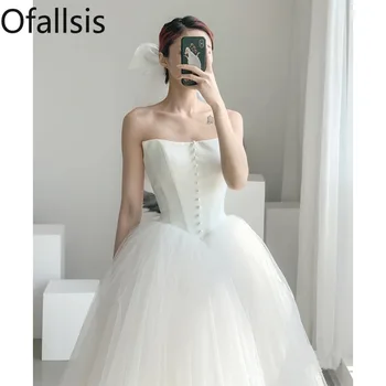 Ofallsis Френски стил Сватбена рокля на рамото 2023 Лятна нова бяла елегантна сутиен Go Out рокля Дипломиране Дълги пухкави рокли