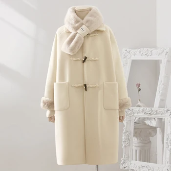 Off бял телешки бутон вълнено палто за зимно облекло на жените нов нежен темперамент, плюшени и дебели палта безплатно шал дамски палто