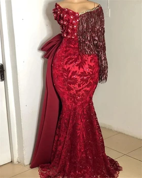 Off рамо арабски Бургундски вечерни рокли 2022 Асо Еби Африканска дантела Апликации пискюл Абитуриентски прием годеж Рокля момичета