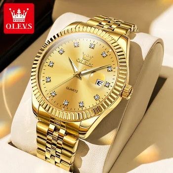OLEVS Нов часовник за мъже 42MM циферблат оригинален кварцов водоустойчив ръчен часовник злато неръждаема стомана каишка луксозен Relogio Masculino 5526
