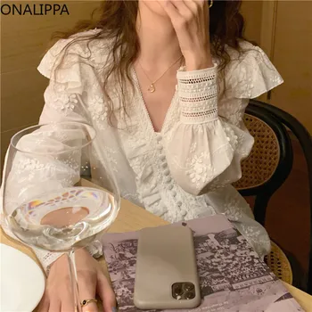 Onalippa твърди бродерия флорални блуза жени къдри V врата бутер дълги ръкави върховете корейски мода шик сладък хлабав ризи