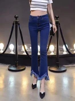 Oversize 40 Chic Burrs висока талия глезена дължина Flare дънки корейски мода тънък участък улично облекло дънки жена нови дънки Vaqueros