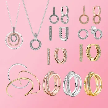 pandora 100% 925 стерлингово сребро Нови жени бижута годни оригинални модни дрехи розово злато обеци колие DIY дизайнер