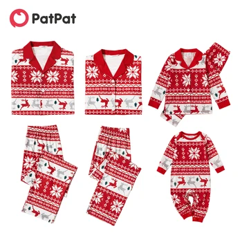 PatPat Коледа по целия печат Червено семейство съвпадение дълъг ръкав ревера жилетка пижами комплекти (огнеустойчиви)