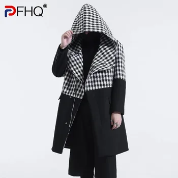 PFHQ Модерен зимен качулка Darkwear Мъжки личностни ветровки Неправилен контрастен цвят пачуърк каре вълнено палто 21Z3282