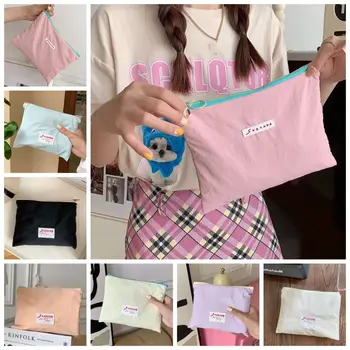 Portable сладък Kawaii платно козметична чанта ретро голям капацитет цип червило чанта момичета ежедневно плътен цвят монета чанта