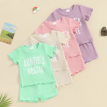 Pudcoco Infant Baby Girls Shorts Set, къс ръкав писма печат тениска с ластик талия шорти лято 2-парче облекло 3-24M