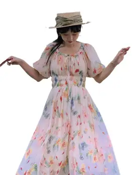 Puff ръкав A-Line Midi рокля Елегантна флорална рокля от шифон за жени Сладка корейска женска Vestidos Holiday Beach Dress 5XL