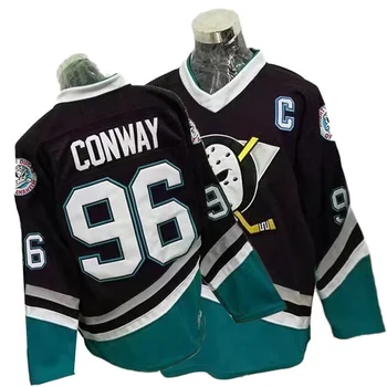 Purple Mighty Ducks Мъжки потници за хокей на лед #96 Charlie Conway All Stitched