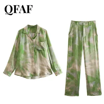 QFAF Дамска мода копринена вратовръзка боя отпечатана риза с дълъг ръкав и широки панталони за крака 2023 Лято Две комплекта от 2 части Анцуг