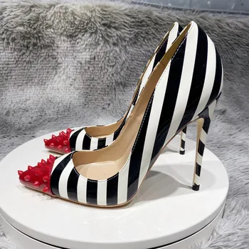 Red Spikes Poinry Toe Women Striped Print High Heel Party Shoes Sexy Ladies Slip On Designer Stiletto Pumps