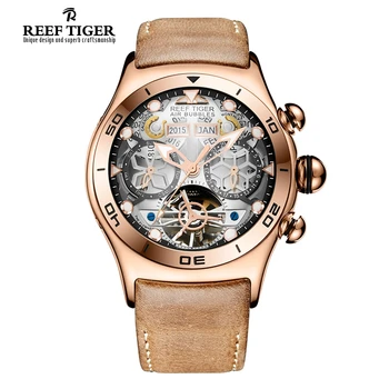 Reef Tiger/RT Sport WristWatches For Men Skeleton Luminous Year Month Date Day Rose Gold Tourbillon Automatic Clocks Air Bubbles