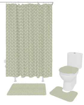 Sage Green Геометрична текстура Завеса за душ Неплъзгащи се килими Капак на капака на тоалетната и подложка за баня Завеси за баня с куки