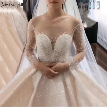 SERENE HILL Бяла луксозна блестяща формован кристали Сватбена рокля 2024 перли дълги ръкави елегантна за жени булчинска рокля CHA2287