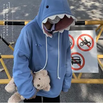 Shark Hat Cute Funny Sweater 2023 Зима Ново руно Loose Student Hoodie