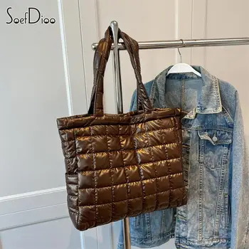 Soefdioo мода диамант модел голяма пазарска чанта жени прости Pu кожа голям капацитет рамо чанта зимни памук подплатени палто чанта
