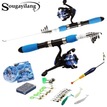 Sougayilang Portable телескопичен риболов пътуване комбо 1.0-1.8m риболовен прът и въртящи се сини макари примамки куки