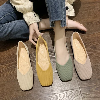 Stripes Ballet flats hot knitting square toe single shoes woman breathable soft sole moccasins flats shallow candy color moafers