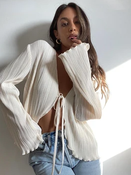 Sumuyoo Секси бяла дантела нагоре Дамска риза Summer Bodycon блузи с дълъг ръкав Дамска мода Плисирани топ женски дрехи 2023