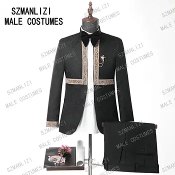 SZMANLIZI 2021 Нов дизайн Черен жакард стойка яка мъжки вечеря парти смокинг яке сватбени костюми за мъже младоженец костюми