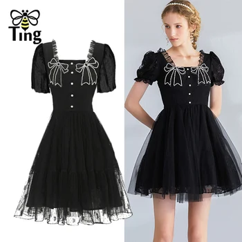 Tingfly реколта Ruched мъниста Bowknot декор черен линия мини къса рокля лятна мода сладко момиче случайни окото парти рокли