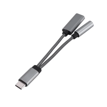 USB C към 3.5mm адаптер за слушалки 2 в 1, аудио кабел с PD 60W бързо зареждане за Galaxy S21 S20 Ultra S20 сив