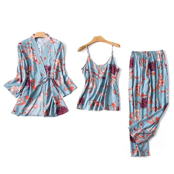 VOLALO копринена пижама комплект жени 3 парче комплект сън салон мода спагети каишка сатен спално облекло печат дълъг ръкав нощ костюм