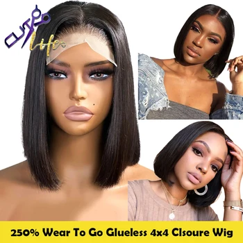 Wear Go Glueless Short Bob Cut Wig Remy 4x4 Lace Closure Wig Human Hair Wigs Brazilian Glueless 250 Density Ready To Wear Wig
