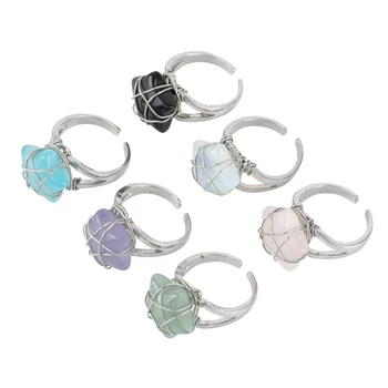 Wire Wrap естествени кристални каменни пръстени за жени Сребърен цвят Пет заострени звезди лечебни аметисти флуорит кварц пръстени бижута