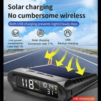 X98 Solar Hud за всички автомобили Безжичен HUD дисплей Слънчево зареждане Цифров GPS скоростомер Аларма за превишена скорост Дисплей за височина