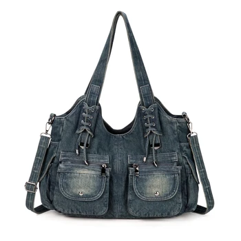 XZAN мода жени чанта реколта случайни деним чанта дама голям капацитет дънки мъкна тъкат лента творчески рамото пратеник чанта