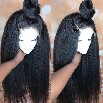 Yaki Kinky Straight Natural Soft Black Long 26 инчова перука за коса за жени Естествена линия на косата Извратена права перука с афро бебешка коса