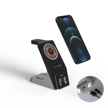 YTGEE All in One Mobile Phone Stand Desk Magnetic 15W Fast 6 в 1 безжично зарядно устройство за iPhone 12 iWatch Airpods с будилник