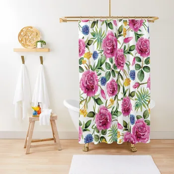 Акварелни рози - розово, синьо, жълто & зелено цветен/ботанически модел душ завеса баня душ завеса