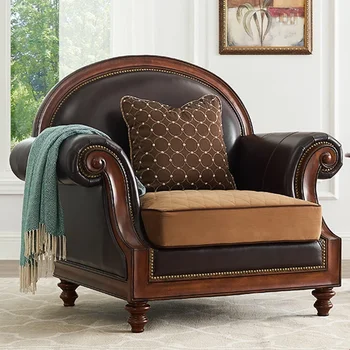 Американски масивна дървесина първи слой телешка етаж диван кожа единична седалка прост европейски стил хол стол дома мебели
